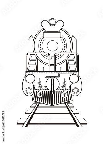 Front view of a steam locomotive. Simple black and white illustration in outline style.