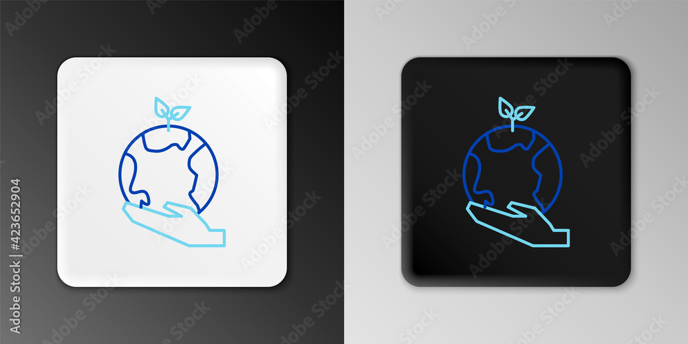 Line Human hand holding Earth globe icon isolated on grey background. Save earth concept. Colorful outline concept. Vector Line Human hand holding Earth globe icon isolated on grey background. Save earth concept. Colorful outline concept. Vector