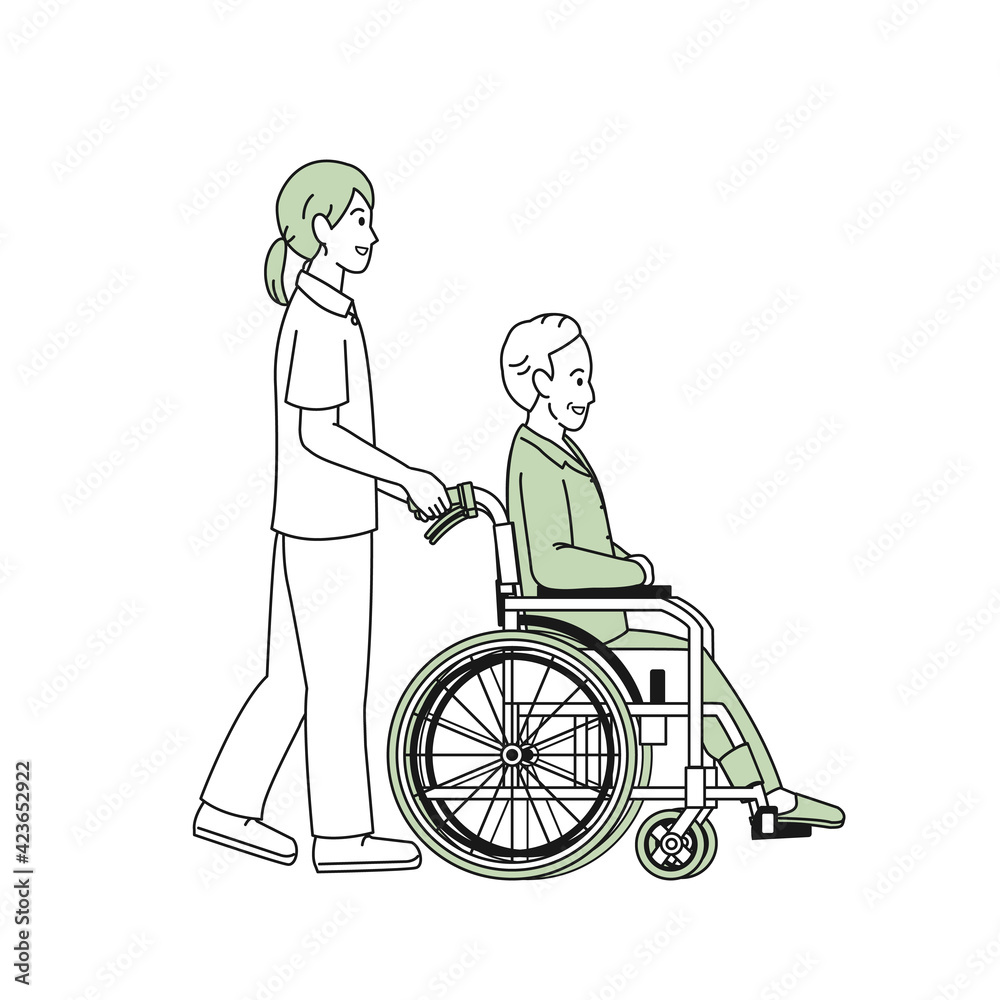 車いす　車椅子を押す　看護師　介護　ヘルパー　患者　シニア　高齢者　イラスト素材