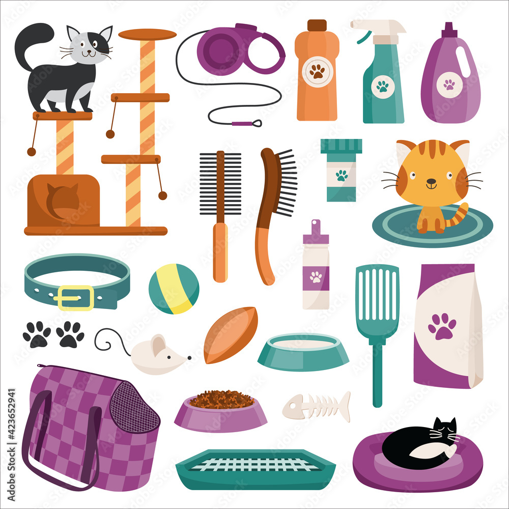 Set of cats and various pet care accessories, flat vector illustration isolated.