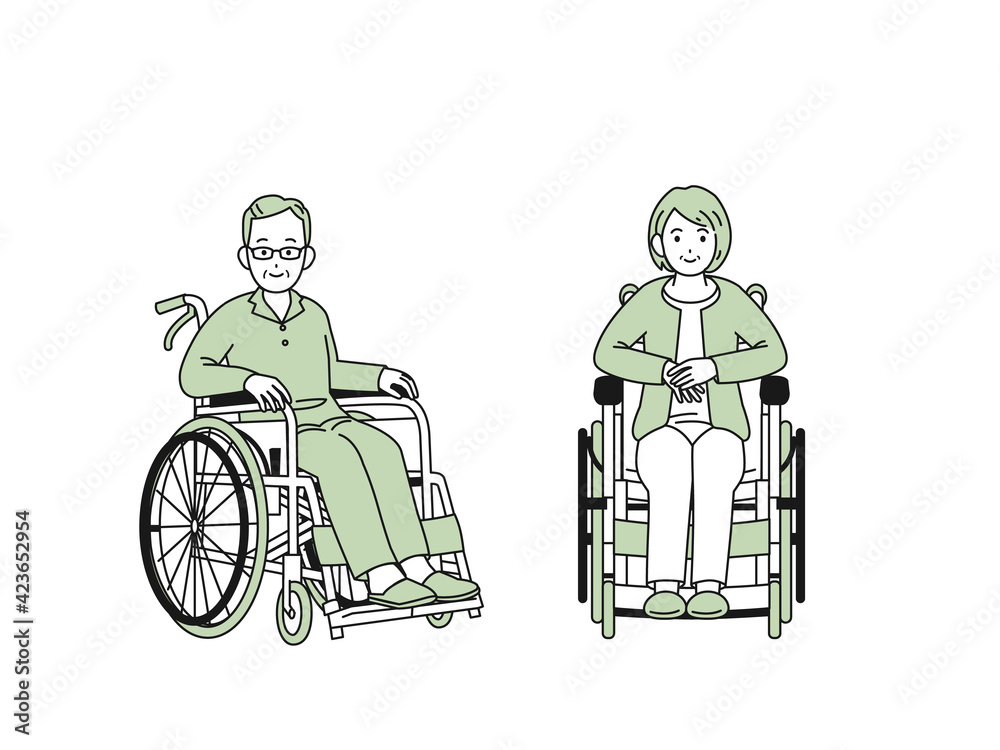 車いす　車椅子に座る　年配の男女　患者　シニア　高齢者　イラスト素材