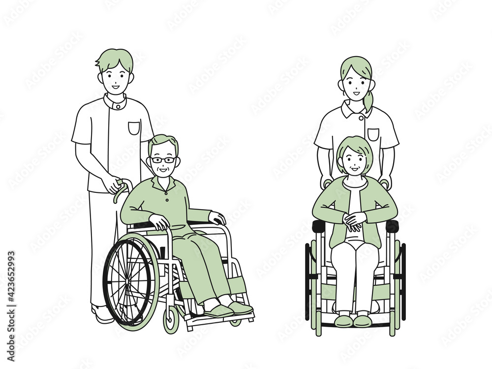 車いす 車椅子に座る年配の男女 介護 看護師 ヘルパー 患者 シニア 高齢者 イラスト素材 Stock Vector Adobe Stock