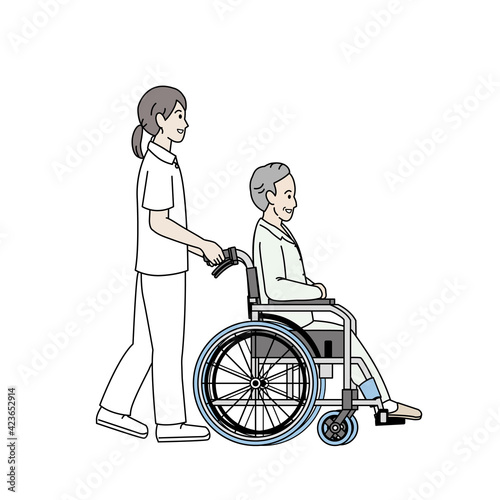 車いす　車椅子を押す　看護師　介護　ヘルパー　患者　シニア　高齢者　イラスト素材