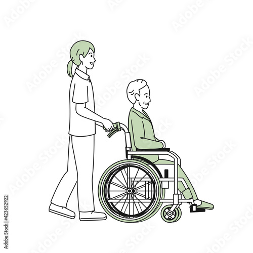 車いす　車椅子を押す　看護師　介護　ヘルパー　患者　シニア　高齢者　イラスト素材