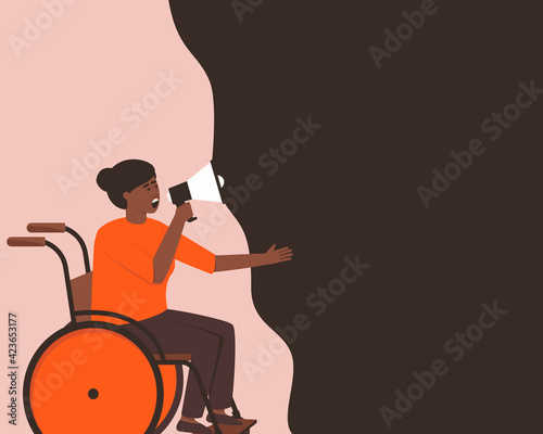Disabled African American girl makes an announcement through a megaphone. Protest concept. Horizontal banner with place for text. Vector flat illustration.