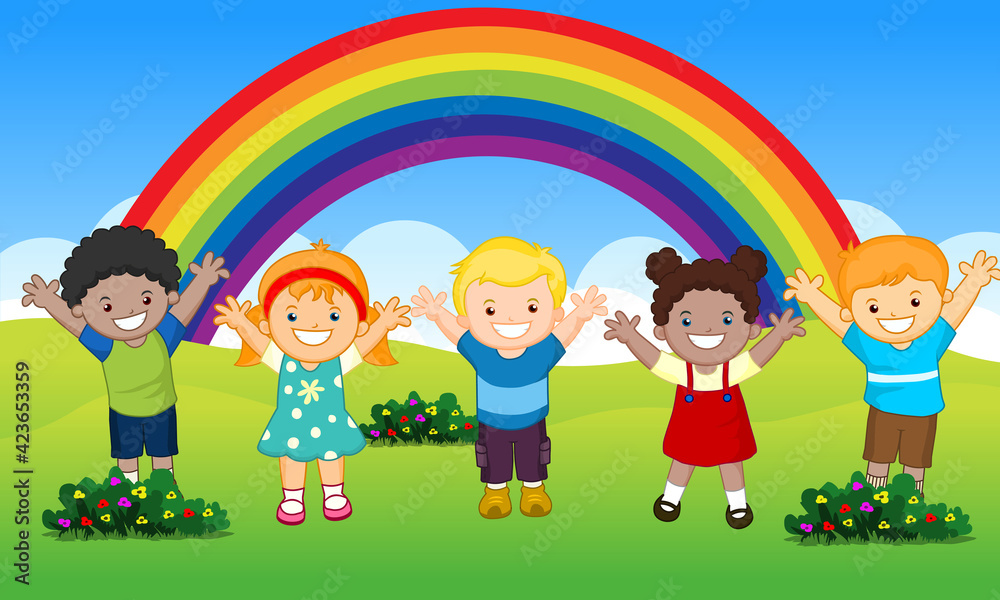 Happy kids in summer field with rainbow background