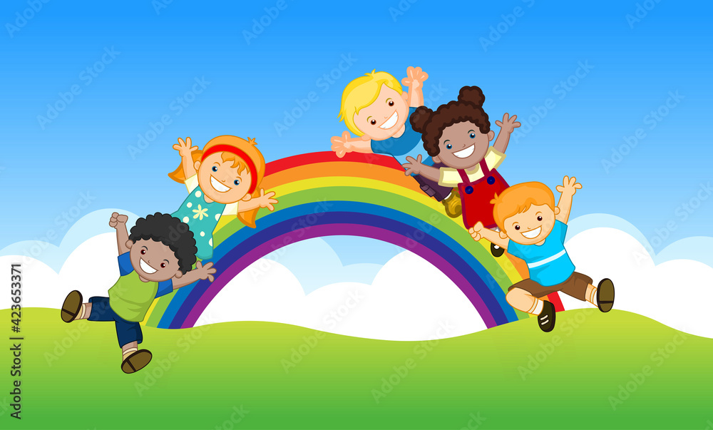 Happy kids playing on rainbow curve