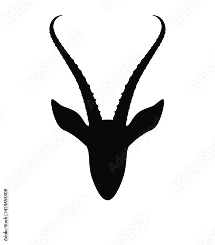 Black silhouette of an antelope head on a black background. Horns. Gazelle