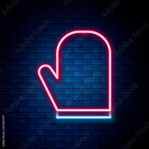 Glowing neon line Oven glove icon isolated on brick wall background. Kitchen potholder sign. Cooking glove. Colorful outline concept. Vector