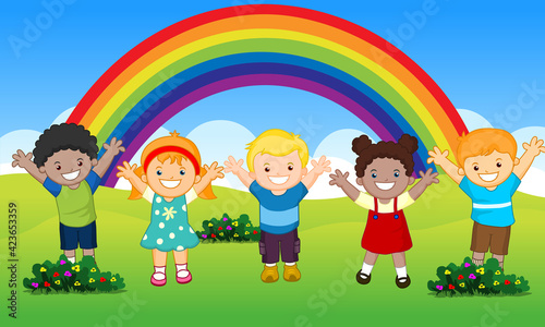 Happy kids in summer field with rainbow background photo