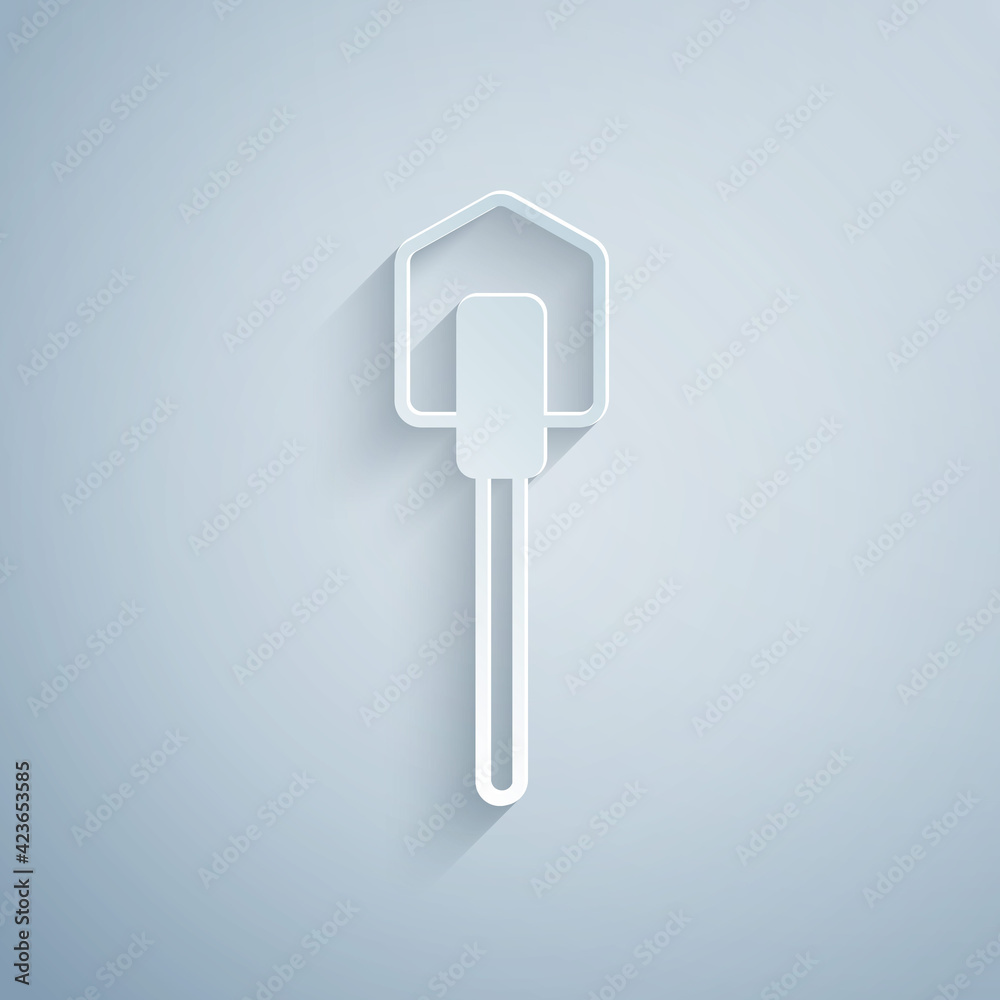 Paper cut Shovel icon isolated on grey background. Gardening tool. Tool for horticulture, agriculture, farming. Paper art style. Vector