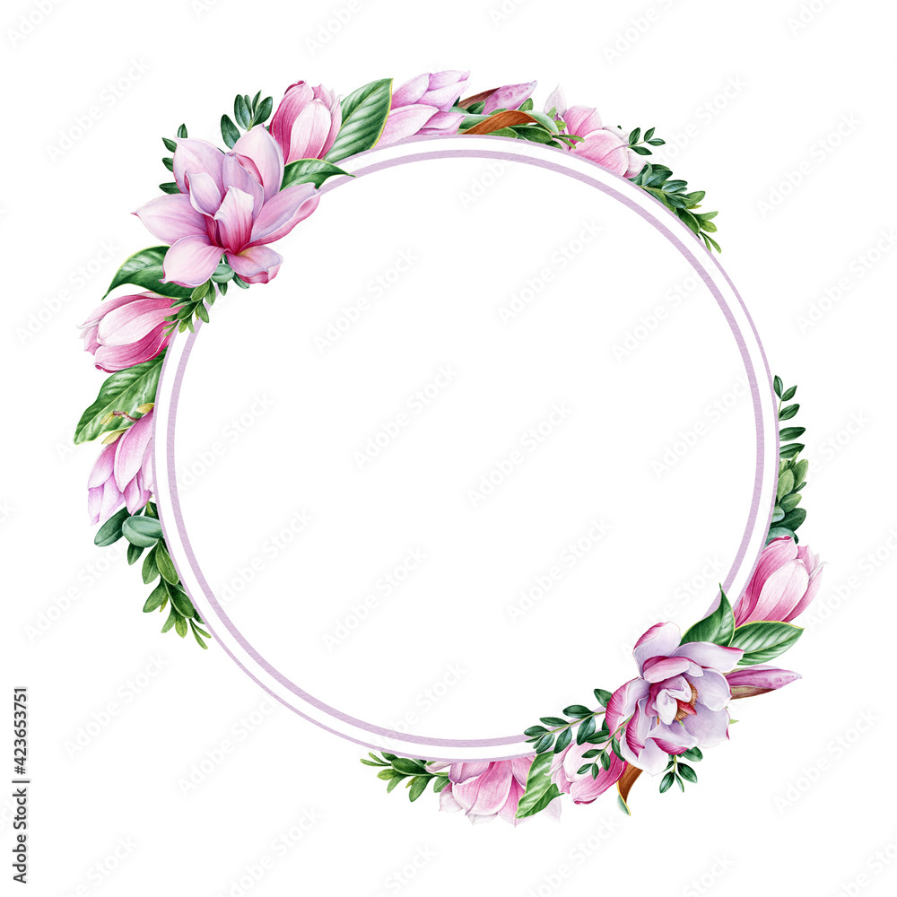 Fototapeta premium Magnolia flower round frame. Watercolor element. Tender pink magnolia flower decoration. Elegant wreath with spring blossoms with green leaf. Round invitation, greeting frame on white background