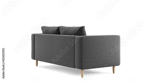 Modern grey textile sofa on isolated white background. Furniture for modern interior, minimalist design. 