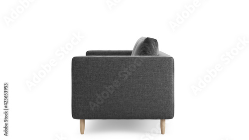 Modern grey textile sofa on isolated white background. Furniture for modern interior, minimalist design. 