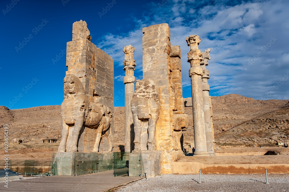 Gate of All Nations decorated with lamassu statues at the ruins of Persepolis in Iran