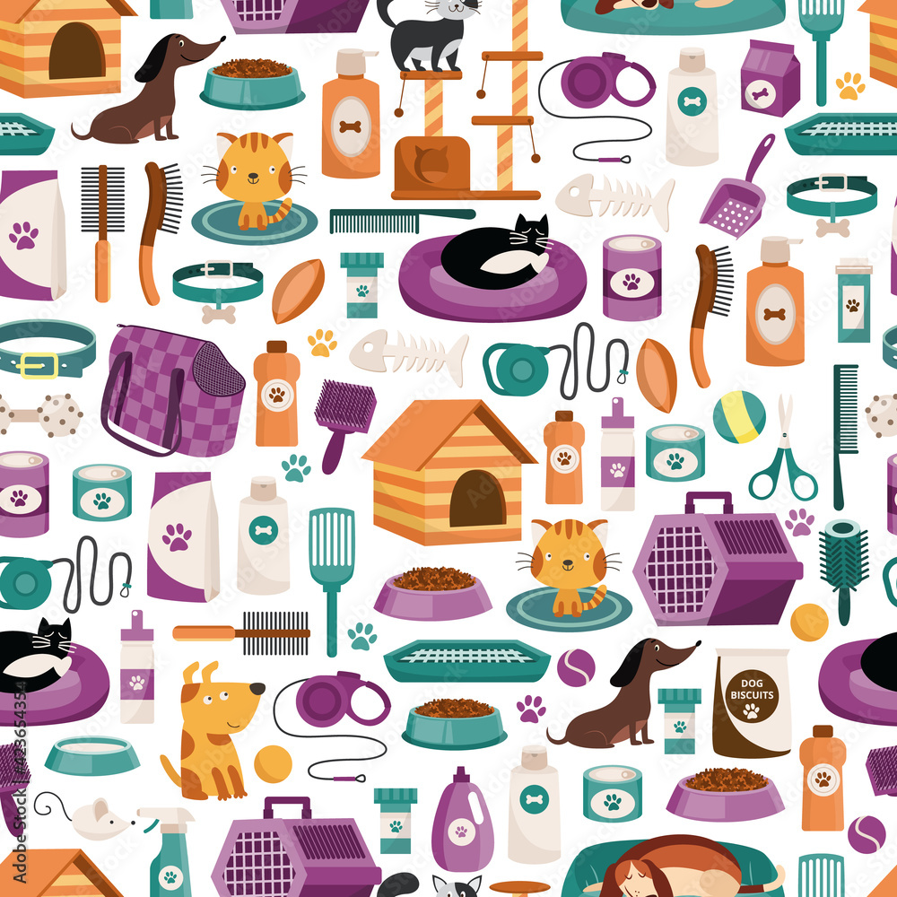 Decorative seamless pattern on pets care thematic, flat vector illustration.