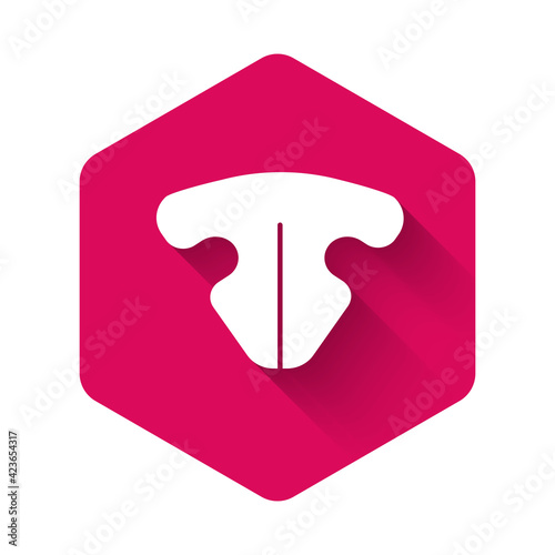 White Cat nose icon isolated with long shadow background. Pink hexagon button. Vector