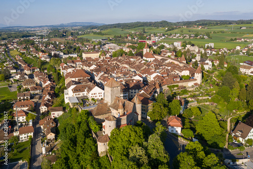 Aerial view of the medieval Morat (Murten in German) old town in Canton Fribourg in Switzerland on a sunny summer day photo