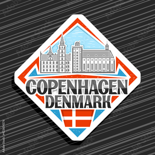 Vector logo for Copenhagen, white rhombus road sign with illustration of copenhagen city scape on day sky background, decorative fridge magnet with unique lettering for black words copenhagen, denmark