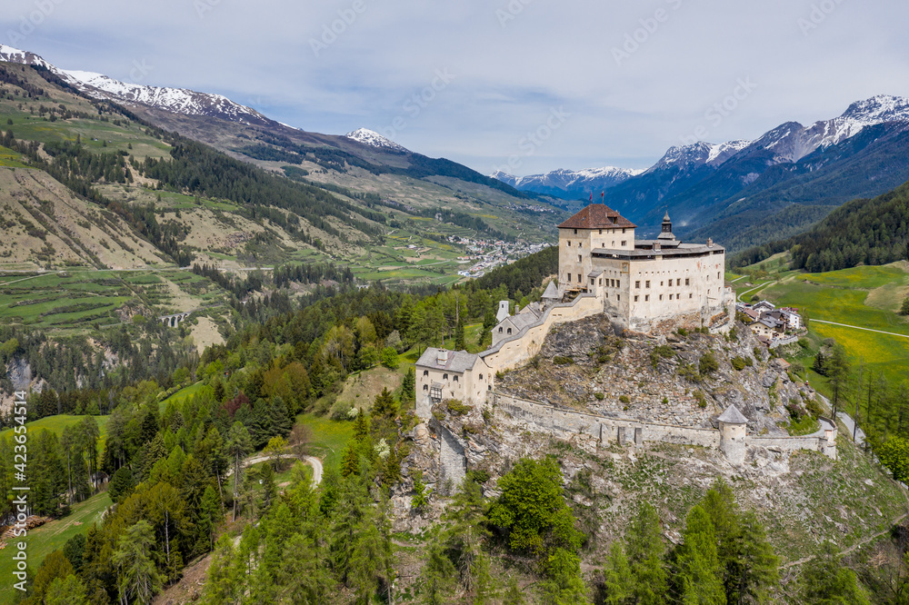 Stunning view of the Tarasp castle in the Lower Engadin valley in Canton Graubunden in the alps in Switzerland