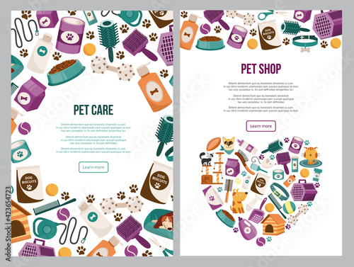 Advertise of animal store with accessories for care pets cats and dogs