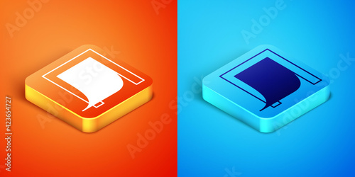 Isometric Door for pet icon isolated on orange and blue background. Vector