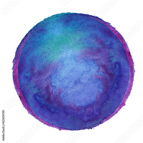 Colorful watercolor sphere. Grunge design elements. Blue wet hand painted round blotch circle. Abstract painting.