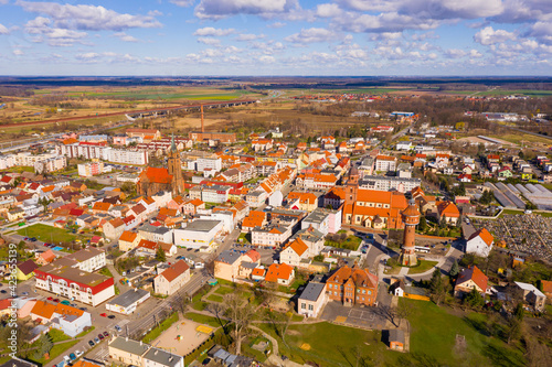 Aerial view of small Polish town of Zmigrod on spring day, Trzebnica County, Lower Silesian Voivodeship