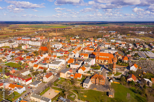 Fototapeta Naklejka Na Ścianę i Meble -  Aerial view of small Polish town of Zmigrod on spring day, Trzebnica County, Lower Silesian Voivodeship
