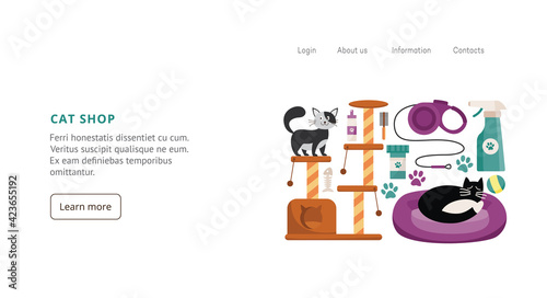 Cat shop web banner with cat and care accessories, flat vector illustration.