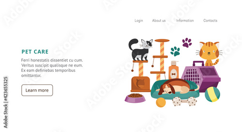 Pet care website banner with lovely domestic animals, flat vector illustration.