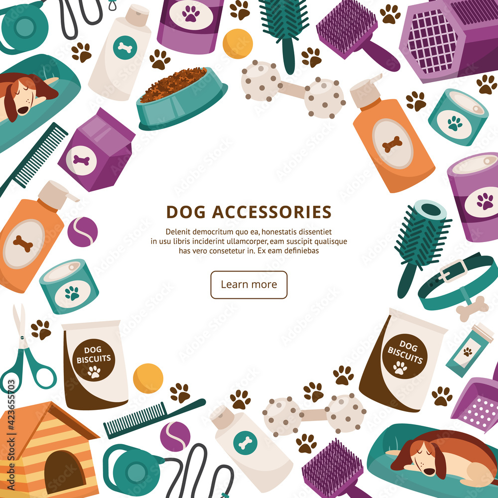 Obraz premium Vector banner for pet shop to sale goods and supplies for care dog.