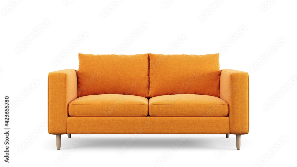 Modern orange textile sofa on isolated white background. Furniture for modern interior, minimalist design. - obrazy, fototapety, plakaty 