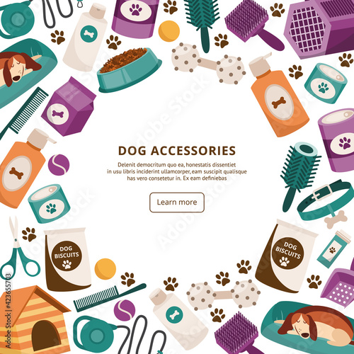 Vector banner for pet shop to sale goods and supplies for care dog.