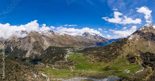 Stunning aerial panorama of the Maloja pass in Engadine region with the Sils lake in canton Graubunden in the alps in Switzerland