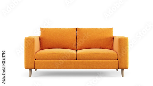 Modern orange textile sofa on isolated white background. Furniture for modern interior, minimalist design. photo