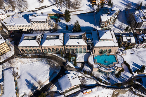 Aerial view of the Leukerbad, or Loeche les bains in French, village in the alps in Canton Valais in Switzerland. The resort is famous for its thermal bath.