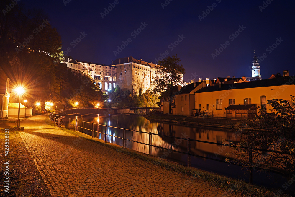 Cesky Krumlov panoramic night cityscape, famous tourist destination with guided tours, Cesky Krumlov, Czech Republic
