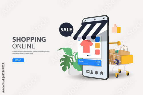 the concept of online shopping on social media app. 3d Smartphone with shopping bag, chat message, delivery, 24 hours, and like icon. suitable for promotion of digital stores, web and ad