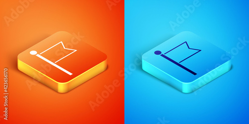 Isometric Flag icon isolated on orange and blue background. Victory, winning and conquer adversity concept. Vector