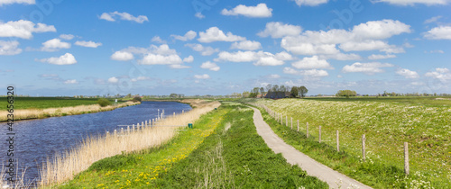 Panorama of a bicycle path along the Reitdiep river in the landscape near Groningen, Netherlands