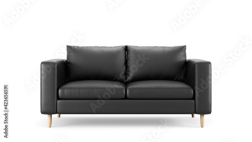 Modern black leather upholstery sofa on isolated white background. Furniture for modern interior, minimalist design.