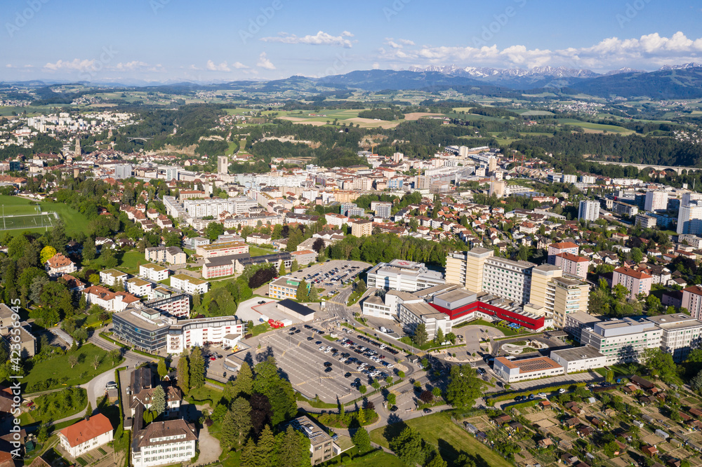 Aerial view of the Fribourg cityscape with the main public hospital in Canton Fribourg, Switzerland Aerial view of the Fribourg cityscape with the main public hospital in Canton Fribourg, Switzerland