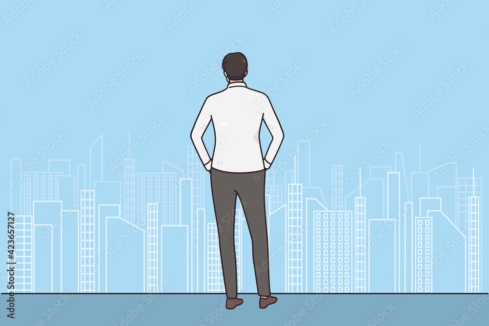 New chances, Possibilities, business Success concept. Back of businessman standing in office near big window looking at big city scape for new possibilities and development vector illustration New chances, Possibilities, business Success concept. Back of businessman standing in office near big window looking at big city scape for new possibilities and development vector illustration