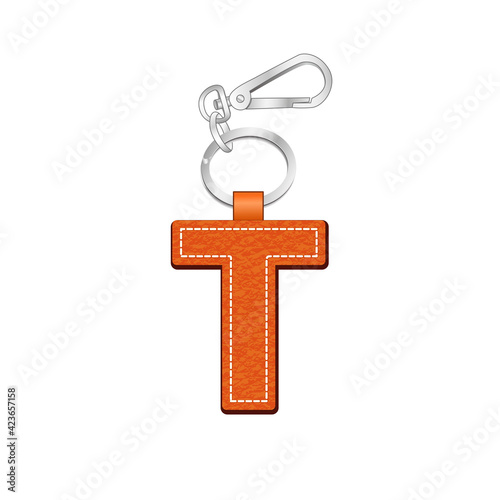 Letter T key chain, leather texture keychain, bag charm, key ring vector