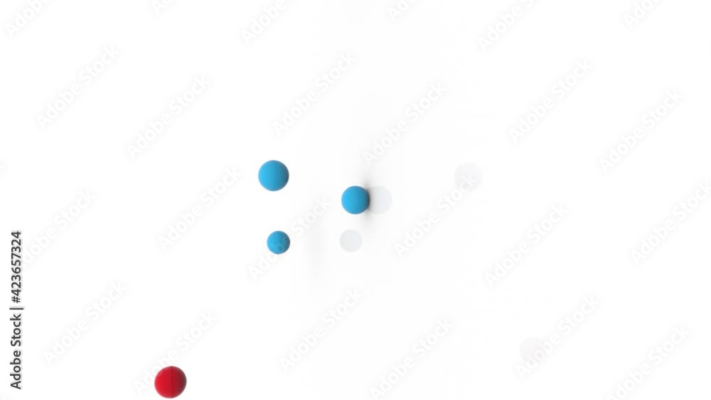 Blue and red balls one after another beat against a white wall, flatten and scatter in different directions. Separation of groups. Blue and red balls one after another beat against a white wall, flatten and scatter in different directions. Separation of groups.