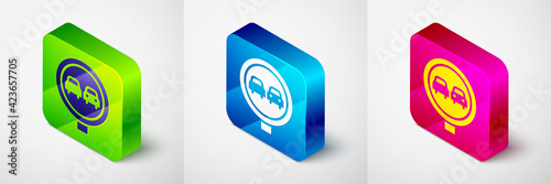 Isometric No overtaking road traffic icon isolated on grey background. Traffic rules and safe driving. Square button. Vector