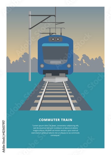 Traveling by electric commuter train. Simple flat illustration