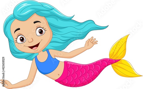 Cute little mermaid cartoon on white background 