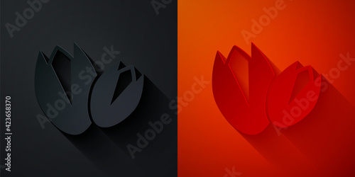 Paper cut Pistachio nuts icon isolated on black and red background. Paper art style. Vector
